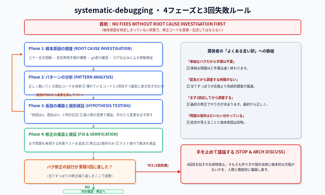 Visual Note 2: systematic-debugging ・ 4フェーズと3回失敗ルール